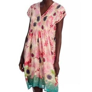Johnny Was Rosa Pleated Silk Dress L Pink Floral Boho Celestial Resort